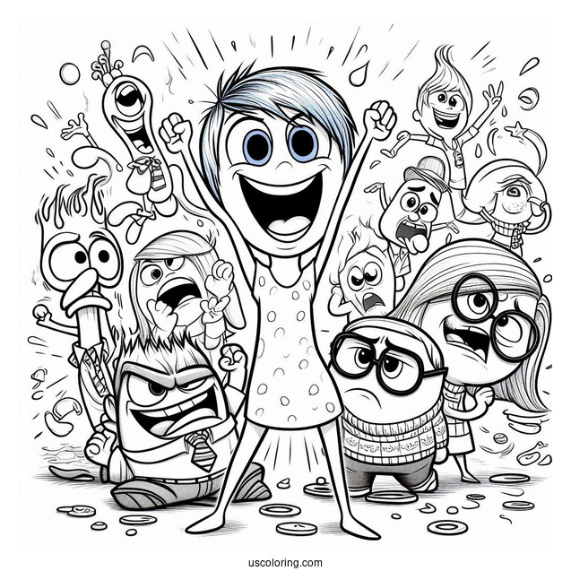 Pixar Coloring Page of Inside Out Joy, Anger, Fear, Sadness, Disgust
