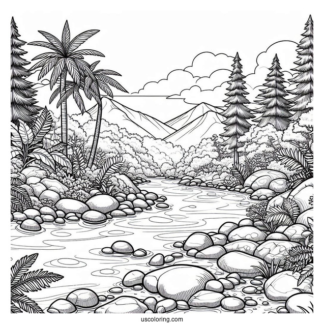 Detailed River And Rocky Terrain Of Jungle Coloring Page