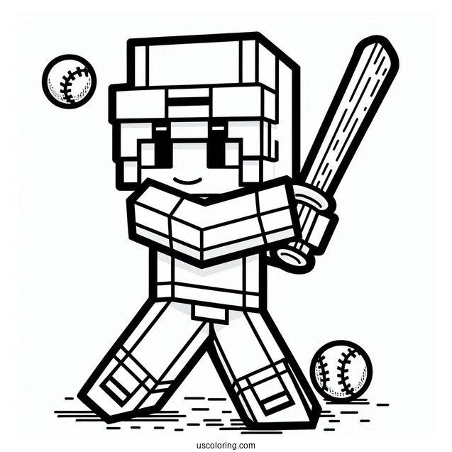 Minecraft Baseball Coloring Page Of Player Batting For Kids