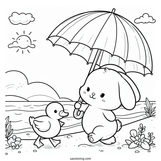 Cute Coloring Page Of Rabbit And Duck Walking Along The Beach Under An Umbrella