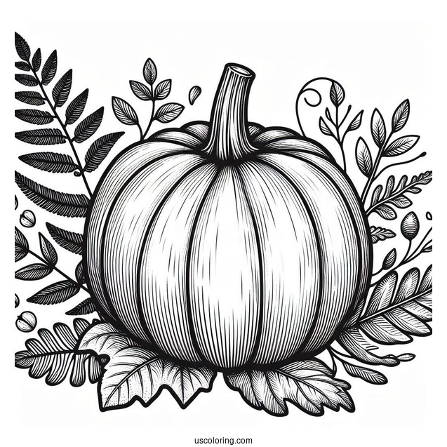 Detailed Pumpkin Coloring Page With Leaves