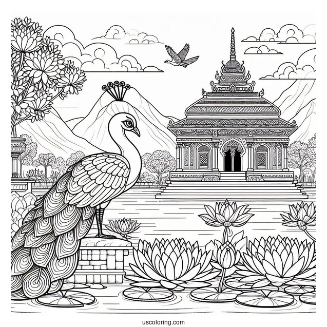 Peacock Coloring Page by Lotus Pond with Temple Background for Adults