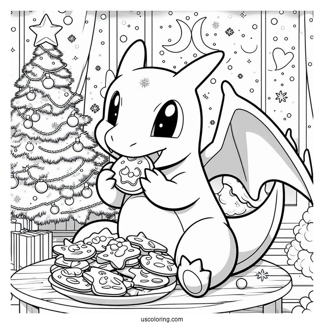 Pokemon Christmas Coloring Page Charizard Eating Cookies In Front Of Christmas Tree