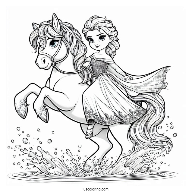 Elsa Riding Water Horse (The Nokk) Coloring