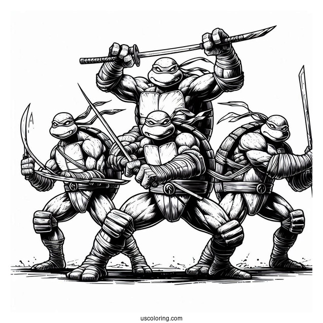 Ninja Turtles Coloring Page Of Leonardo, Donatello, Michelangelo, And Raphael In Fighting Mode
