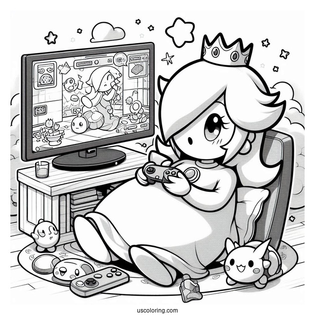 Rosalina Coloring Page Playing Video Game With Luma Watching