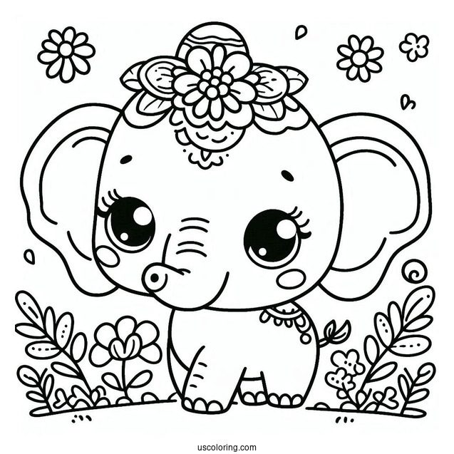Cute Kawaii Elephant Coloring Sheet For Toddlers