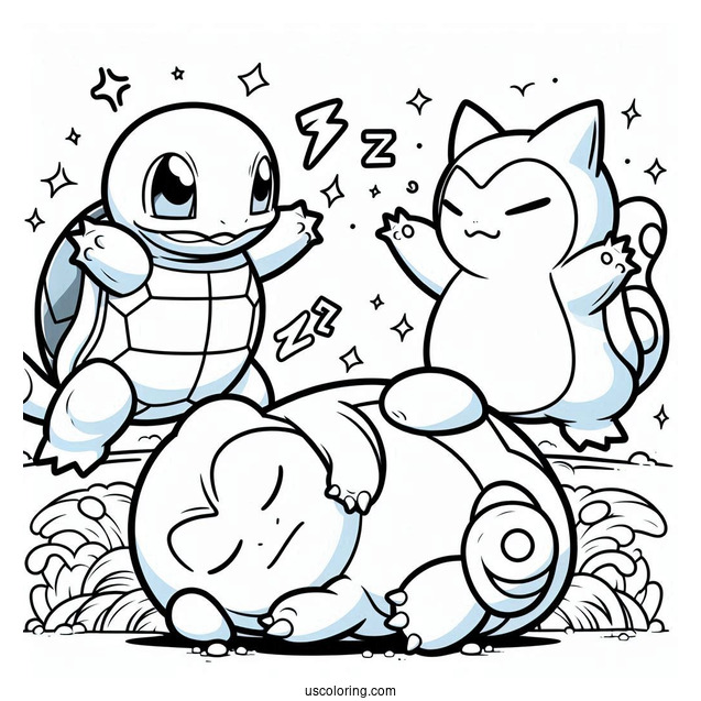 Squirtle And Lilligant Fighting On Stop Of Sleeping Snorlax Coloring Page