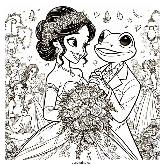 Easy Coloring Sheet Of Tiana And Naveen Wedding