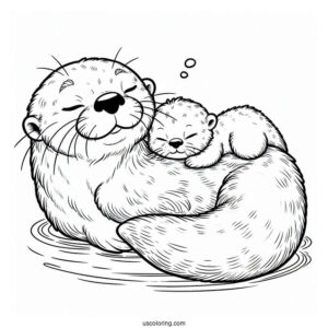 Baby Otter Coloring Page Sleeping On Top Of Mother Otter While Floating