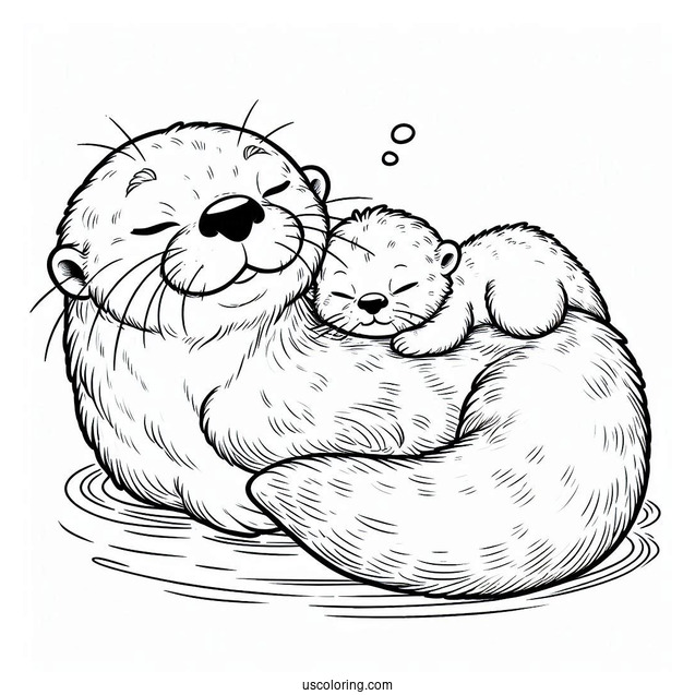 Baby Otter Coloring Page Sleeping On Top Of Mother Otter While Floating