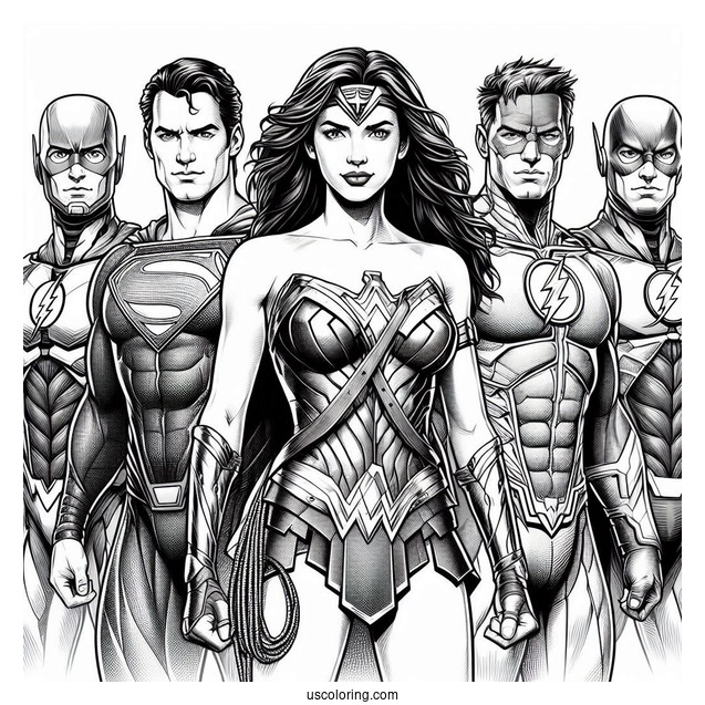 Justice League Coloring Page Of Realistic Superman, Cyborg, Wonder Woman, Aquaman, Flash, And Batman