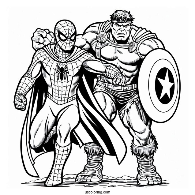 Spider Man Fighting Alongside Hulk Coloring Page For Kids