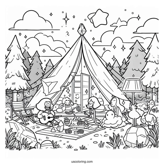 Steven Universe Coloring Page Of Glamping With Peridot, Amethyst, Pearl, Connie, Bismuth, Lapis Lazuli, Ruby, And Sapphire