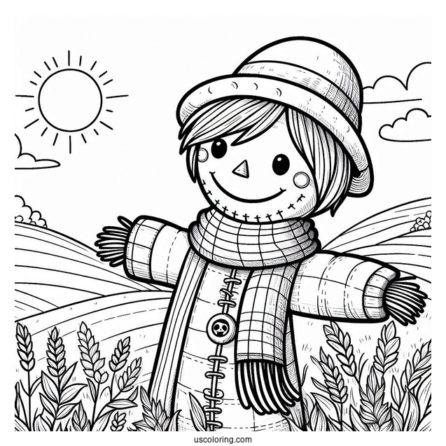 Smiling Scarecrow Coloring Page In The Field Wearing A Scarf