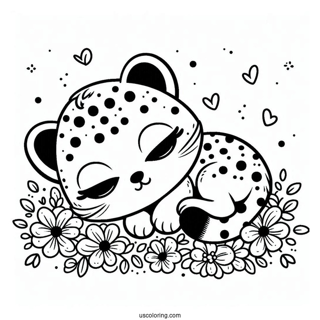 Kawaii Cheetah Coloring Page Sleeping On Its Back With Flowers