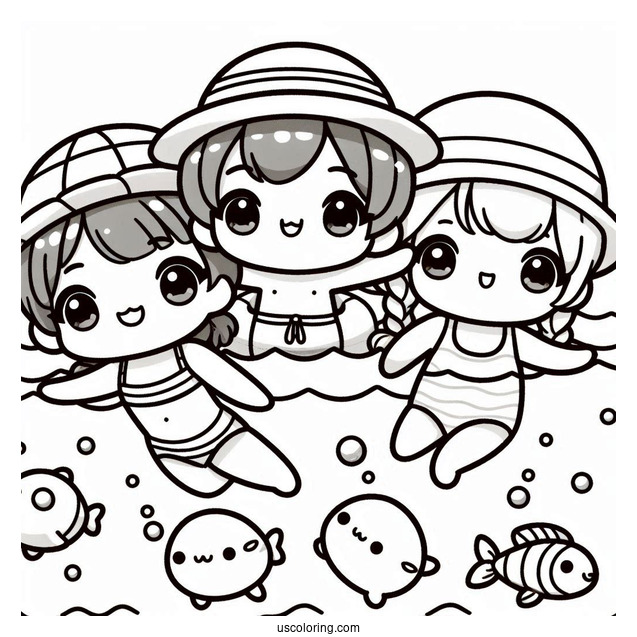 Kawaii Chibi Kids Swimming Coloring Page In The Pool For Kids