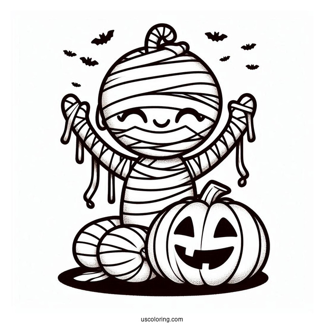 Adorable Egyptian Mummy Coloring Page With Jack O Lanterns