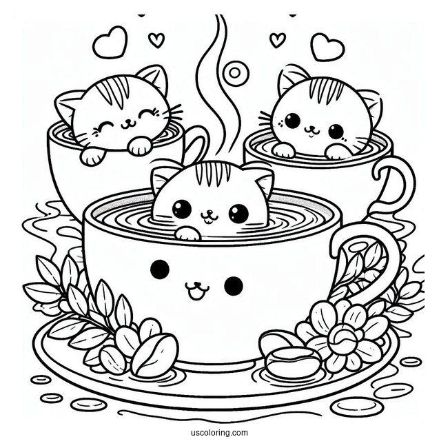 Coffee Coloring Pages Of Cute Kittens Swimming In Coffee Cup