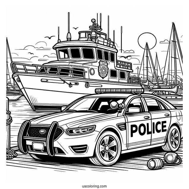 Police Car Coloring Page Parked On A Port Beside A Police Boat