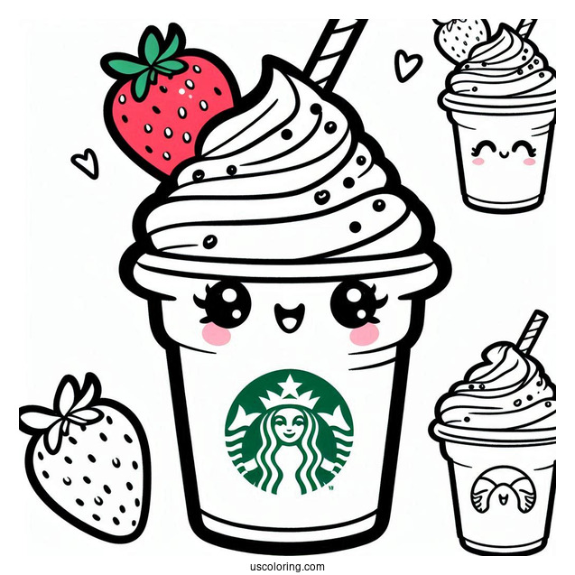 Smiling Cartoon Starbucks Coloring Page Frappe With Strawberry On Top For Kids