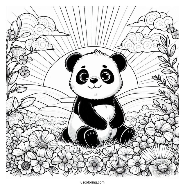 Realistic Panda Coloring Page Sitting in Flower Field with Sunrise in Background