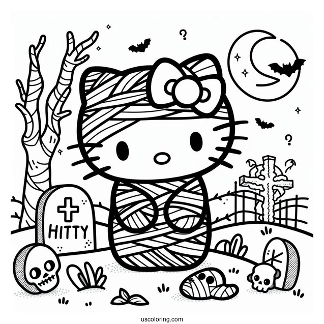 Hello Kitty Mummy Coloring Page In The Cemetery For Kids