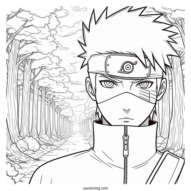 Hatake Kakashi Coloring Page In The Forest With Mangekyo Sharingan In The Sky