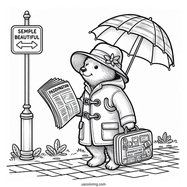Paddington Coloring Page Carrying His Suitcase, Umbrella, And Newspapers While Walking On The Sidewalk