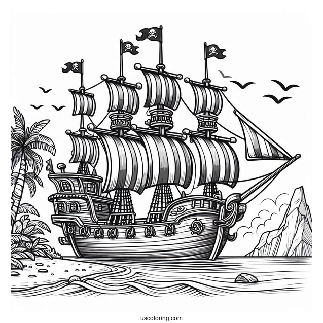 Large Cartoon Pirate Ship Coloring Page Near An Island