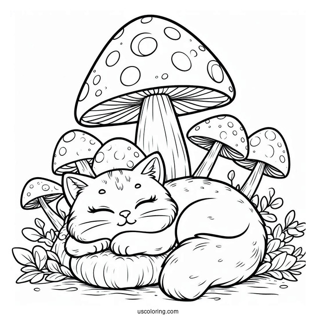 Cat Sleeping On Big Mushroom