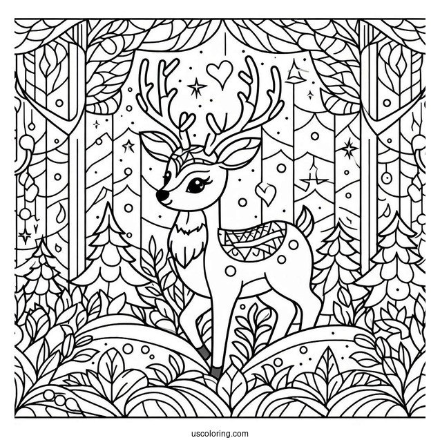 Simple Reindeer In The Forest Stained Glass Coloring Page