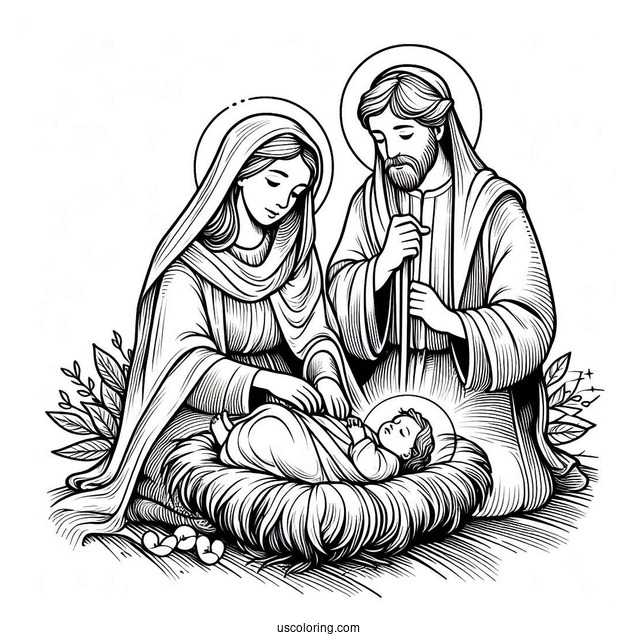 Nativity Coloring Page Of Mary And Joseph Watching Over Newborn Jesus Nativity