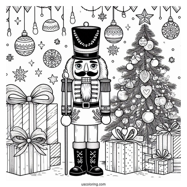 Detailed Nutcracker Coloring Page In Front Of Presents And Christmas Trees