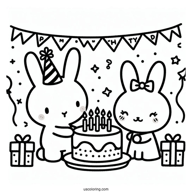 Miffy Coloring Page Celebrating Birthday With Streamer And Cake For Kids
