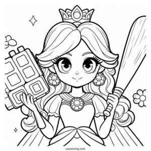 Princess Daisy Coloring Page Holding Block And Baseball Bat