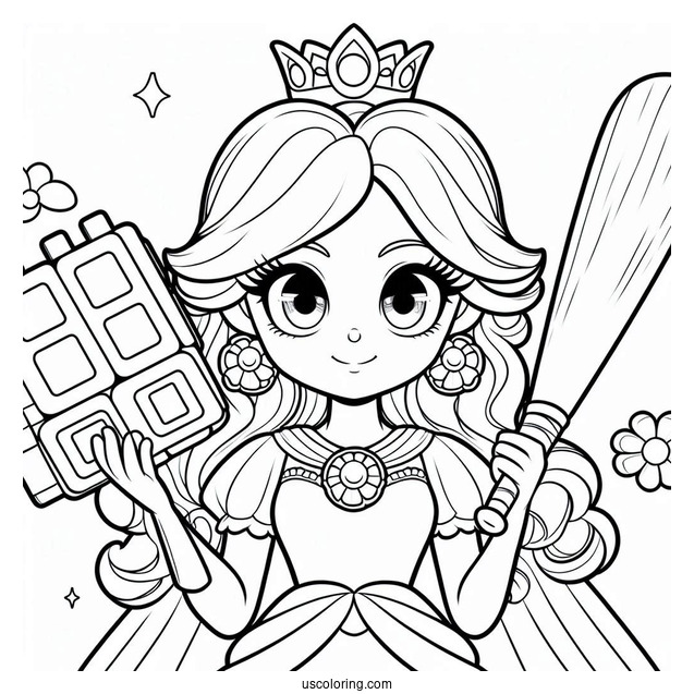 Princess Daisy Coloring Page Holding Block And Baseball Bat