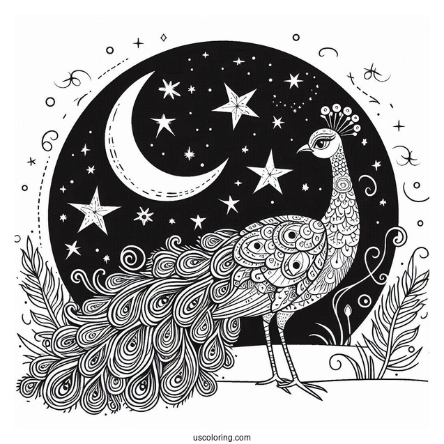 Peacock Coloring Page at Night with Crescent Moon and Stars
