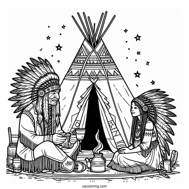 Native American Coloring Page Chief And His Wife Sitting Outside Tepee