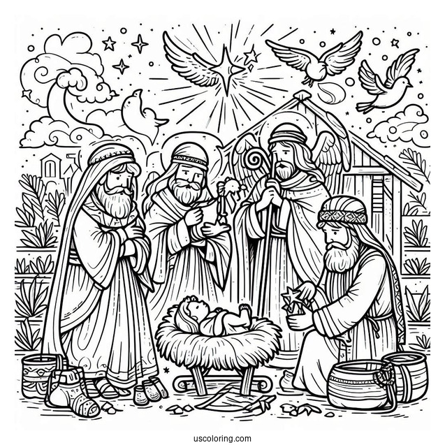 Simple Nativity Coloring Page With The Wise Men