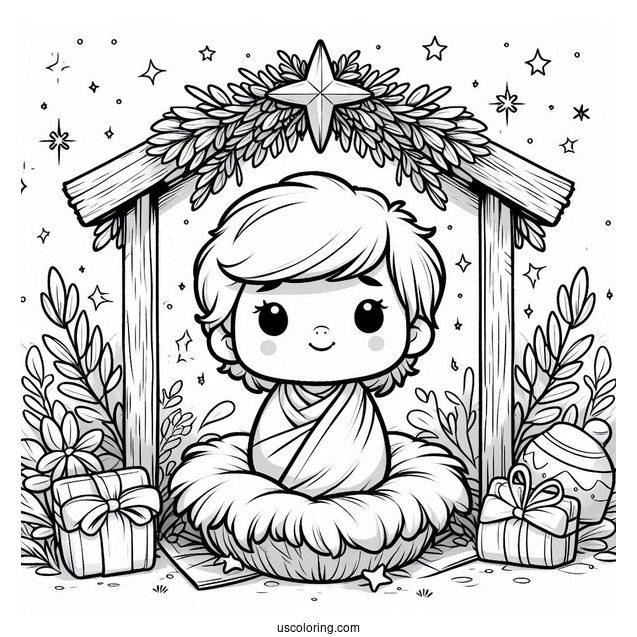 Nativity Coloring Page Of Cute Baby Jesus In The Manger For Kids