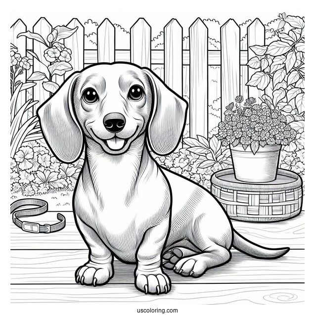 Realistic Dachshund Coloring Page In The Backyard