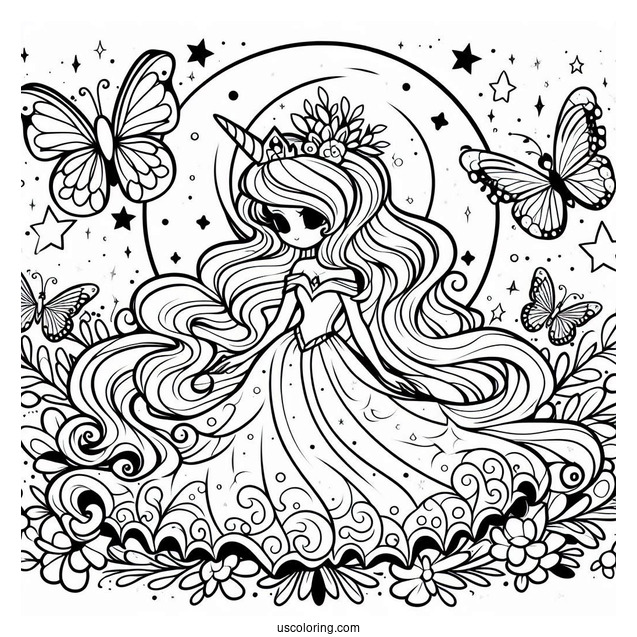 Princess Luna Coloring Page Surrounded By Stars And Butterflies