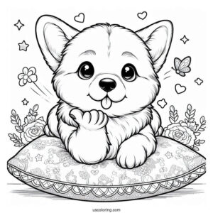 Corgi Coloring Page Sending Flying Kiss While Lying On Cushion