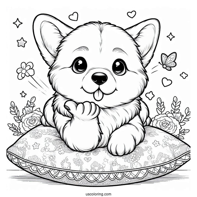Corgi Coloring Page Sending Flying Kiss While Lying On Cushion
