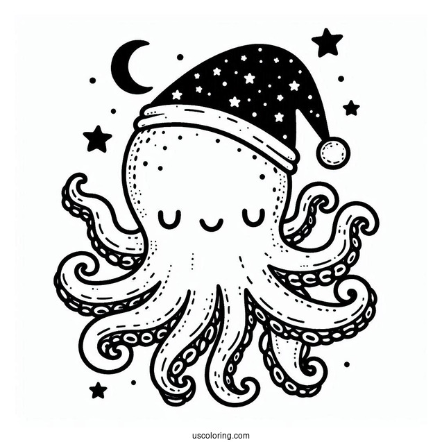Octopus Coloring Page Wearing Night Cap