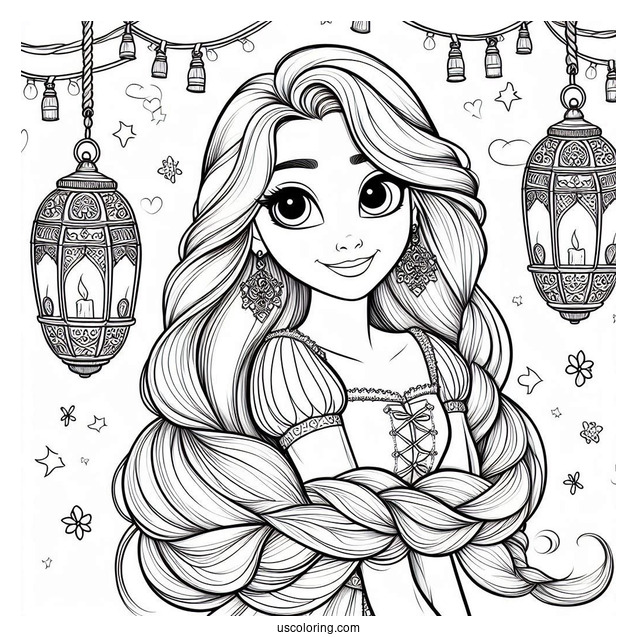 Tangled Princess Coloring Page Of Rapunzel With Lanterns In Background