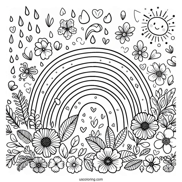 Spring Coloring Page Rainbow With Flowers For Preschoolers