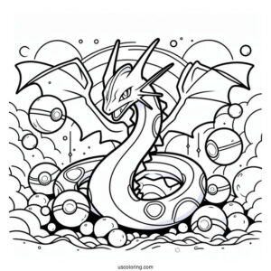 Rayquaza Coloring Page Surrounded By Pokeballs