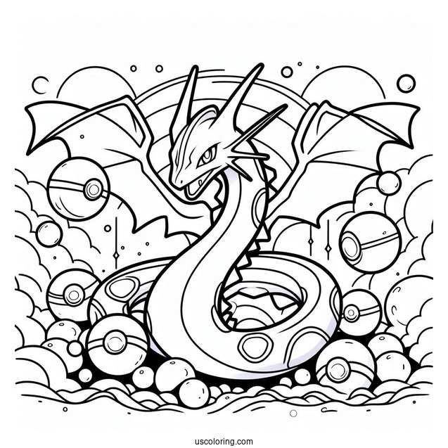 Rayquaza Coloring Page Surrounded By Pokeballs